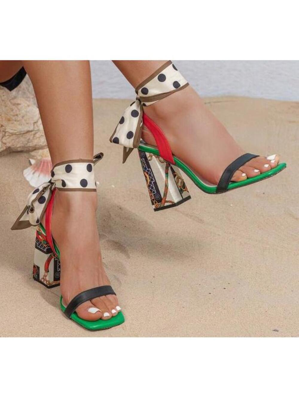 New Unique fun Heel Open Toe Chunky Heel, Square Toe, Bow Tie-Up Strap 11 43